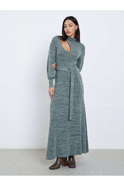 Styli Teal Cut-Out Detail Belted Sweater Maxi Dress