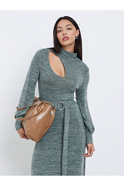 Styli Teal Cut-Out Detail Belted Sweater Maxi Dress