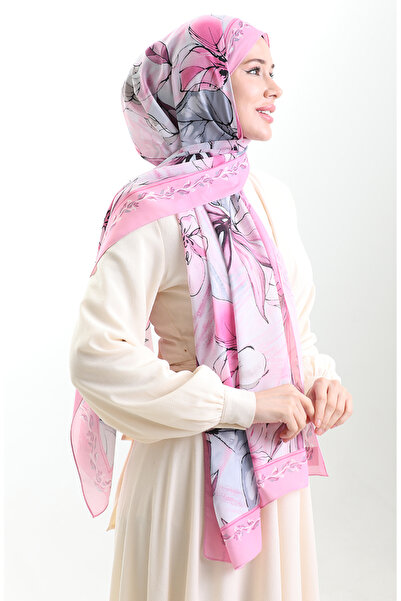 sefamerve Σάλι από γαλλικό μετάξι Hanzade 70330-15 Ροζ Γκρι