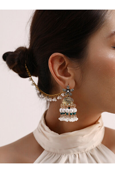 Take Two By Styli Embellished Bell Faux Pearl Hair Chain Jhumka Earrings