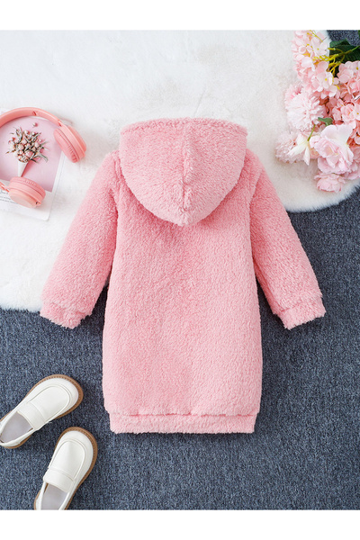 Take Two By Styli Girl's Furry Slogan Print Long Sleeve Hoodie Dress