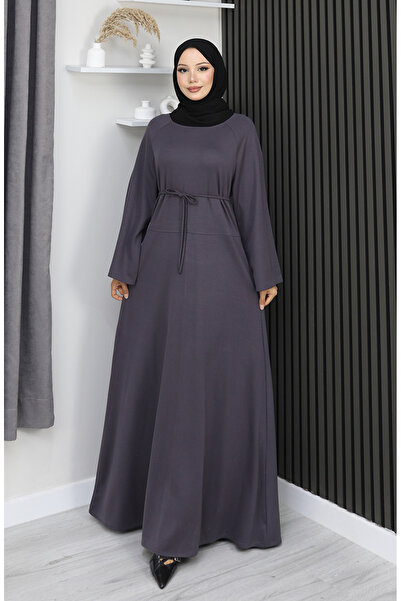 sefamerve Premium Fabric Belted Hijab Dress 2162-05 Anthracite
