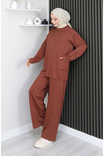 sefamerve Premium υφασμάτινο παντελόνι τουνίκ διπλό σετ 2163-02 Καφέ