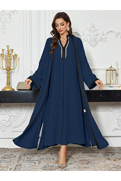 Take Two By Styli Contrast Trim Open Front Kimono and Inner Dress Modest Set