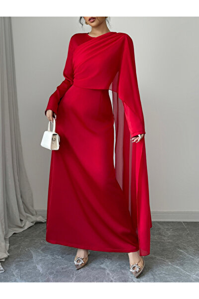 Take Two By Styli Solid Cape Detail A-Line Maxi Dress