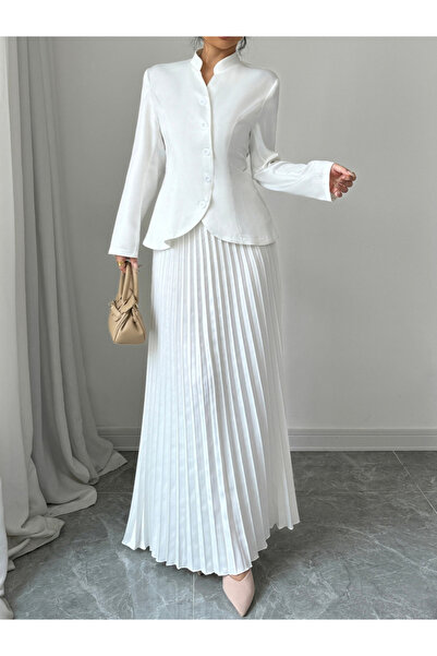 Take Two By Styli Stand Collar Button Front Blazer and Pleated Skirt Co-Ords