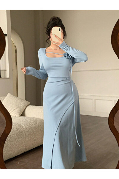 Take Two By Styli Light Blue Long Sleeves Midi Dress