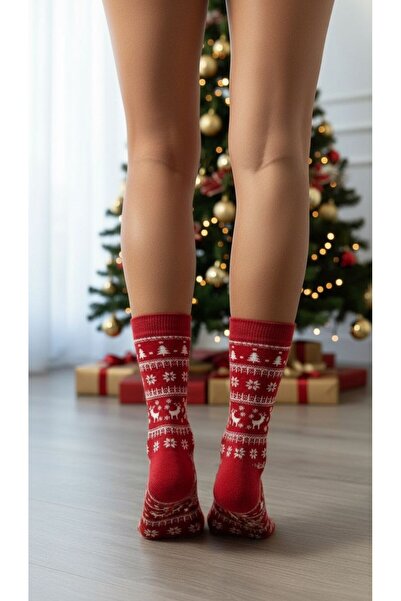 Plus Scorpion Women's Christmas Towel Patterned Socks – Cotton, Thick and Warm Christmas Themed Single Socks