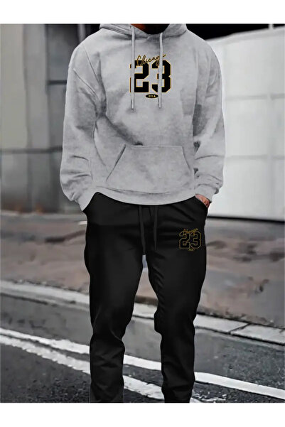 AEMİ Unisex 23 Printed Hooded Sweatshirt and Jogger Sweatpants - Bottom Top Set