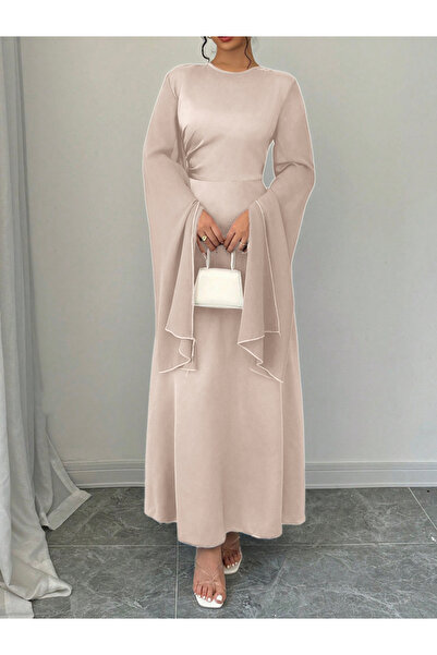 Take Two By Styli Solid Round Neck Split Sleeve Maxi Dress