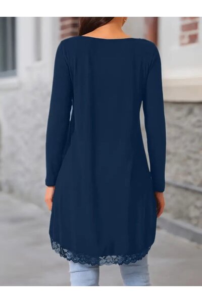 JANES Women's Long Sleeve Crew Neck Asymmetrical Cut Detailed Lace Viscose Blouse