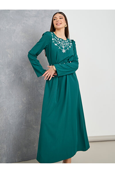 Take Two By Styli Embroidery Detail A-Line Maxi Dress with Tie Belt