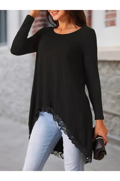 JANES Women's Long Sleeve Crew Neck Asymmetrical Cut Detailed Lace Viscose Blouse