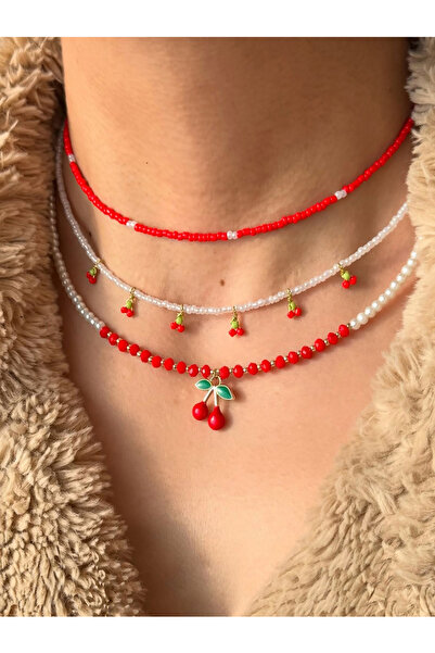 Take Two By Styli Set of 3 - Beaded Necklace with Cherry Decor