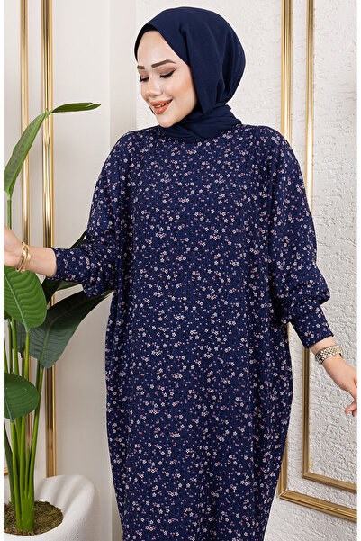 sefamerve Patterned bürümcük dress 7137-02 navy blue