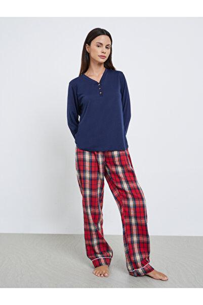 Styli V Neck Placket T-Shirt and Check Pyjama Set
