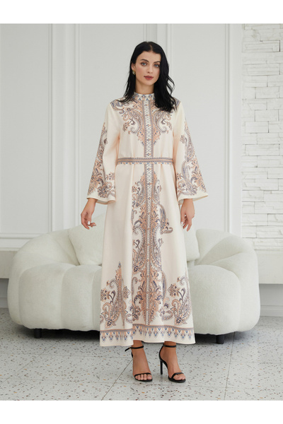 Take Two By Styli Printed Embellished High Neck Long Sleeve Jalabiya