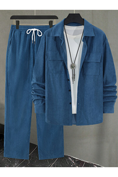 Take Two By Styli Men Blue Corduroy Shirt and Pants Co-ords