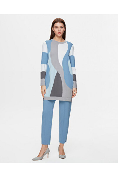 MISS DALIDA Renkli Desenli Triko Mavi Tunik