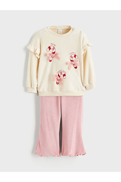 LC Waikiki Vizyon New Season Ecru Baby Girl Sweatshirt and Leggings Pants 2-P...