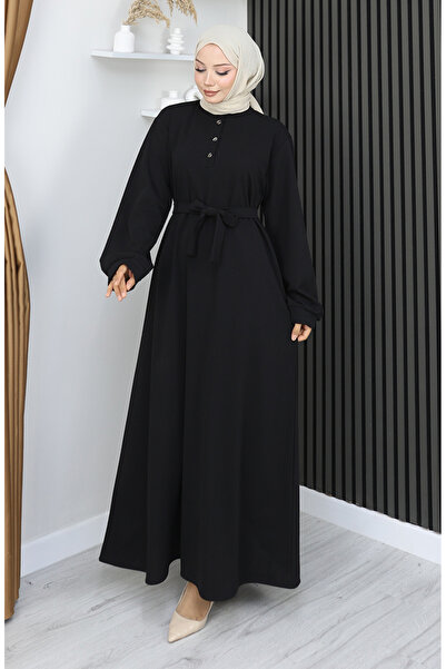 sefamerve Scuba Fabric Half Button Belted Dress 2167-05 Black