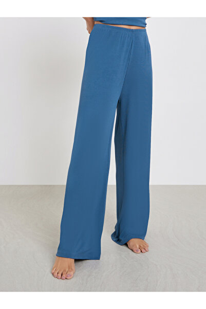 Styli Blue Ribbed Bow Lace Top and Pyjama Set