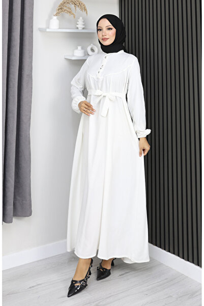 sefamerve Belmando Fabric Half Button Belted Dress 2166-03 White