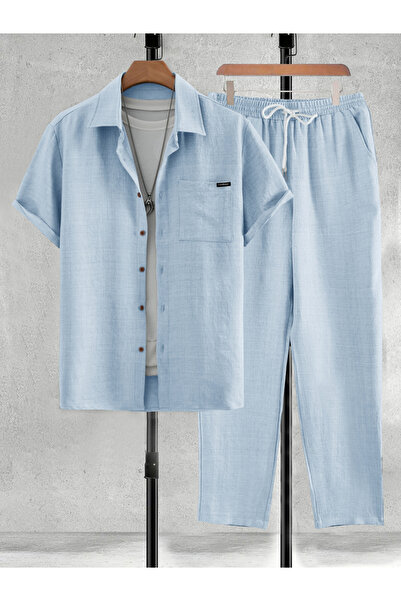 Take Two By Styli Men Light Blue Solid Shirt and Pants Co-ords