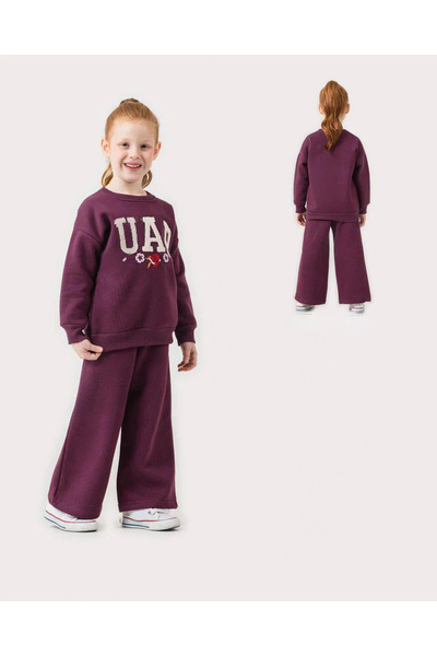 nazarbebe Girl's Purple Embroidery Detailed Sweatshirt and Wide Leg Sweatpants Set 1002