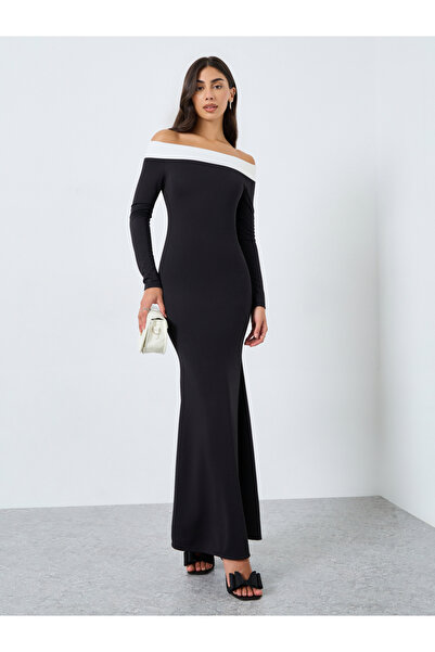 Styli Black Off Shoulder Neck Mermaid Hem Maxi Dress