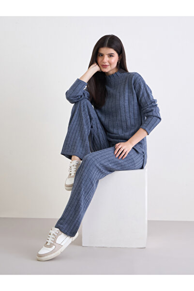 Styli Blue Ribbed Knit Longline Sweater and Pants Co-Ords