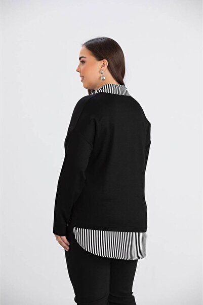 QUAWEAR Shirt Collar Sides Slit Striped Poplin Fabric Paneled Combed Cotton Fabric Tunic