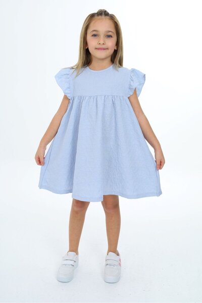 Toontoy Girls' Textured Oversized Crew Neck Short Sleeve Shirred Dress