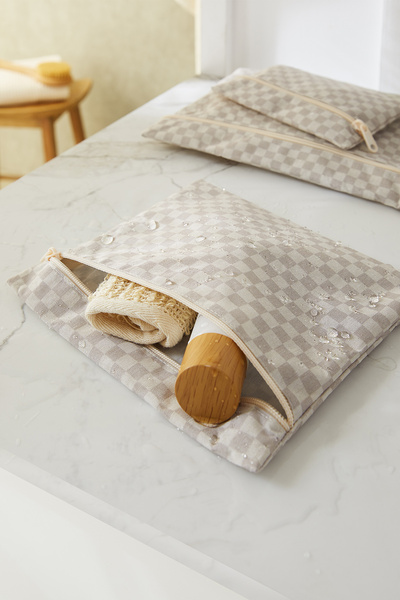 Ocean Home Textile 3-Piece Waterproof Pvc Lined Gray Checkerboard Pattern Swimsuit Wet Dry Dirty Clean Laundry Bag