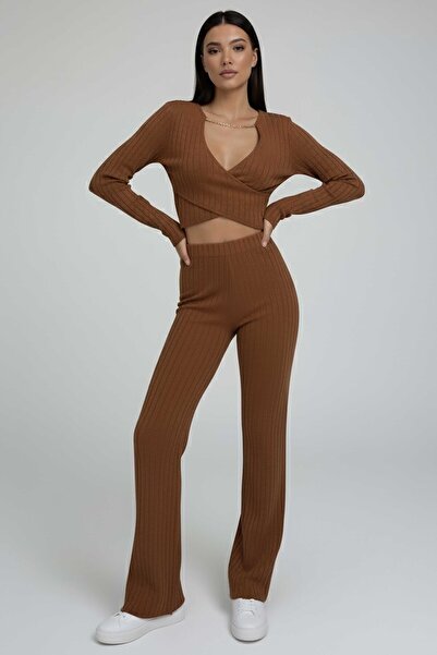TOFİSA Pantaloni crop cu lanțuri tricotaj cu striații seturi maro - 27995-TABA