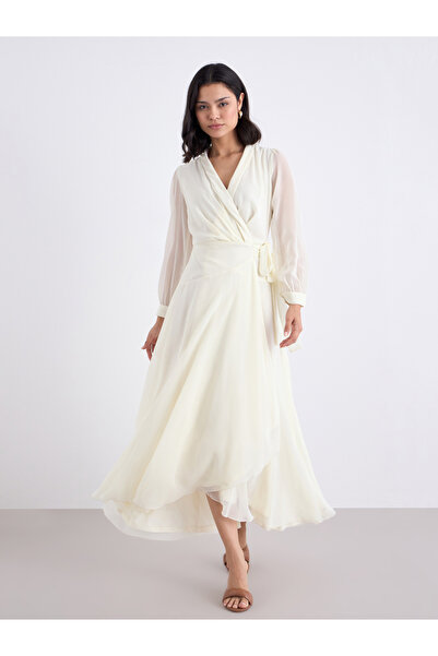 Styli Off White Tie Waist Wrap Midi Dress