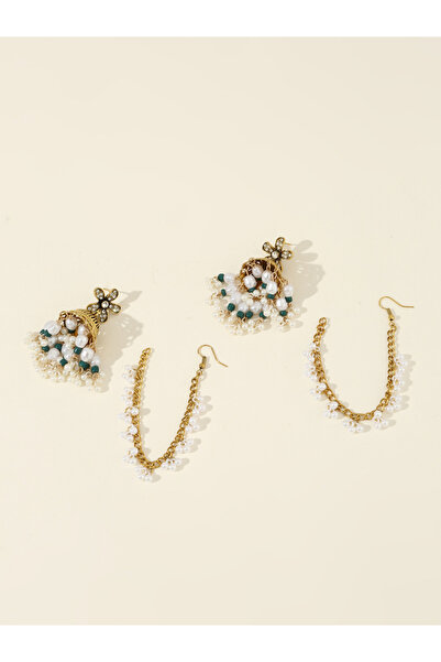 Take Two By Styli Embellished Bell Faux Pearl Hair Chain Jhumka Earrings