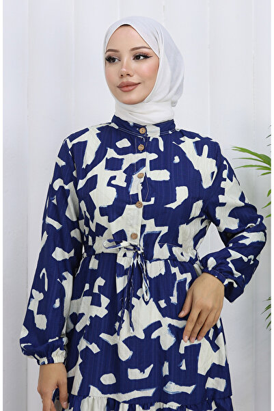sefamerve Hakim Yaka Beli Patterned Dress with Laces 0191-02 Navy Blue