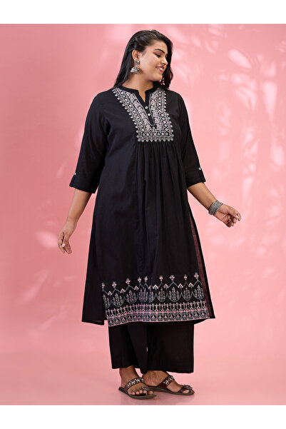 Globus By Styli Plus Size Black Embroidered Yoke Kurta and Pants Set