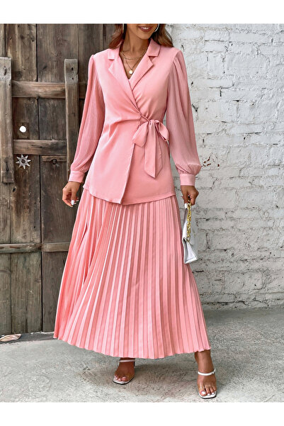 Take Two By Styli Pink Wrap Blazer and Pleated Skirt Co-ords