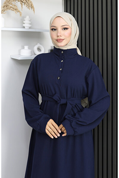 sefamerve Scuba fabric half buttoned belted dress 2167-04 navy blue