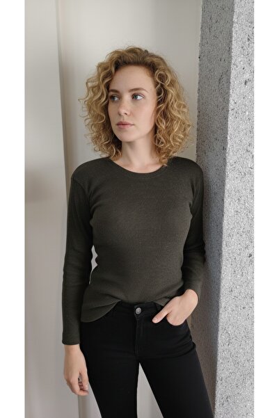 moda felinya Women's Round Neck Khaki Color Ribbed Body