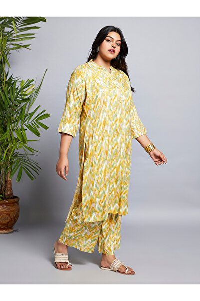 Globus By Styli Plus Size Yellow Chevron Print Zari Detail Kurta and Pants Workwear Set