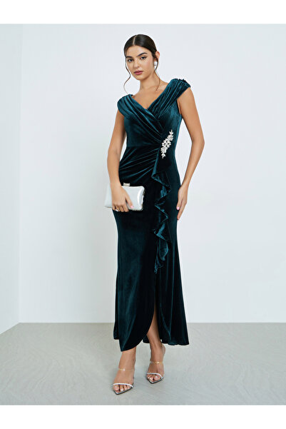 Styli Teal Embellished Velvet Look Maxi Dress