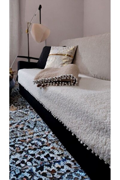 GHZAL Home Collection Tedy Curly Plush Sofa Set with Pom-Poms (4 Pieces) 2 Large 2 Small Sofa Cover Seating Area 3311