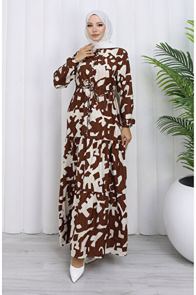 sefamerve Hakim Yaka Beli Lace-Up Patterned Dress 0191-06 Brown