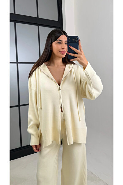 My Blog Cream Hooded Zippered Knitwear Set - 0511
