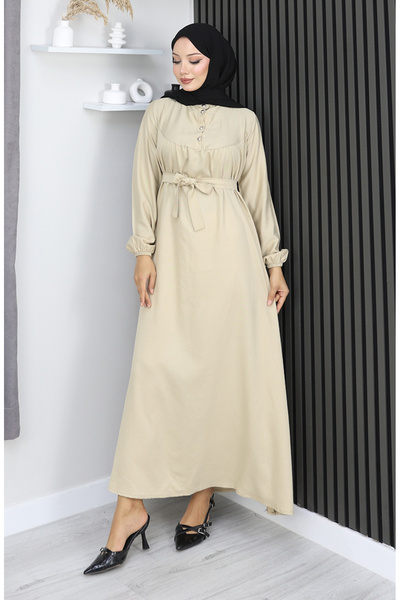 sefamerve Belmando fabric half buttoned belted dress 2166-05 beige