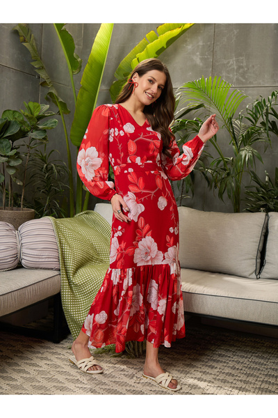 Sassafras By Styli Red Floral Print Balloon Sleeve Midi Dress