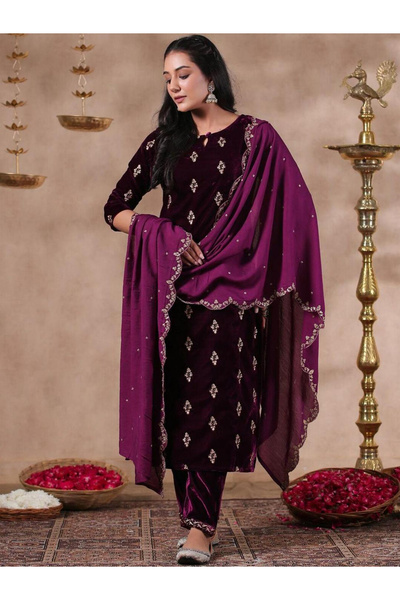 Ishin By Styli Purple Velvet Kurta with Pants and Dupatta Set